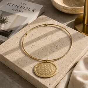 Gold Tone Collar Necklace Geometric Oval Pendant Modern Statement Choker